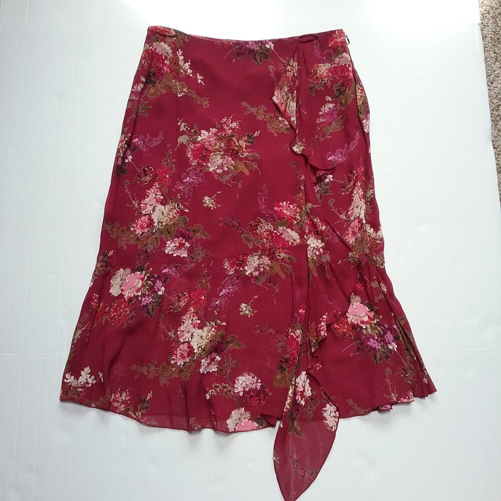 Newport News Easy Style Godet Floral Skirt, Burgundy